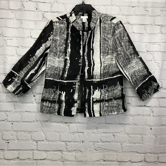 Chico's Linen Blend Blazer Women's Size 1 (S/8) Black/White Abstract Lightweight - Picture 3 of 11